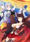  &gt;:) absurdres akagi_(azur_lane) animal_ears azur_lane bangs black_hair blue_eyes blunt_bangs breasts cleavage collarbone commentary_request cowboy_shot foreshortening fox_ears fox_mask fox_tail hakama_skirt highres japanese_clothes kaga_(azur_lane) large_breasts long_hair long_sleeves looking_at_viewer mask mr2d multiple_girls multiple_tails parted_lips red_eyes shikigami short_hair silver_hair smile tail v-shaped_eyebrows wide_sleeves 