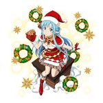 asuna_(sao) asuna_(sao-alo) blue_eyes blue_hair box breasts brown_skirt capelet christmas cleavage full_body fur_trim gift gift_box gloves hat holding holding_box long_hair looking_at_viewer medium_breasts miniskirt official_art pleated_skirt pointy_ears red_capelet red_footwear red_gloves red_hat santa_costume santa_hat simple_background skirt sleeveless smile solo sword_art_online sword_art_online:_code_register very_long_hair white_background 