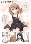  2girls :d :o ^_^ anchor_symbol apron arm_support armband bangs bare_arms bare_shoulders black_apron black_hair blush breasts brown_eyes brown_hair closed_eyes collarbone comic commentary_request double_bun eyebrows_visible_through_hair eyes_closed fusou_(kantai_collection) grey_legwear hair_ornament head_scarf highres indoors japanese_clothes kantai_collection kimono kneehighs large_breasts long_hair michishio_(kantai_collection) multiple_girls naked_apron no_shoes open_mouth parted_lips ribbed_legwear shirt side_bun sleeveless sleeveless_kimono smile tenshin_amaguri_(inobeeto) translation_request twintails white_kimono white_shirt 