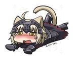  ahoge animal_ears armor armored_dress bangs blonde_hair blush boots cat_ears cat_tail chibi cowfee crying crying_with_eyes_open d: dot_nose eyebrows_visible_through_hair fate/grand_order fate_(series) full-face_blush gauntlets greaves headpiece high_heel_boots high_heels jeanne_d'arc_(alter)_(fate) jeanne_d'arc_(fate)_(all) looking_at_viewer lying on_stomach open_mouth short_hair signature solo tail tears white_background yellow_eyes 