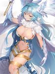  ahoge areola_slip areolae blue_eyes blue_hair breasts cleavage gloves granblue_fantasy head_feathers highres justice_(granblue_fantasy) large_breasts light_smile long_hair looking_at_viewer looking_down naso4 navel smile solo thighs 
