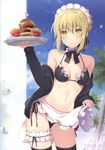  6u_(eternal_land) absurdres apron apron_lift arm_up artoria_pendragon_(all) artoria_pendragon_(swimsuit_rider_alter) bangs bare_shoulders bikini bikini_under_clothes black_bikini black_jacket black_legwear black_neckwear blonde_hair blush bow bowtie breasts bubble choker cocktail_pick collarbone contrapposto cowboy_shot detached_collar dot_nose eyebrows_visible_through_hair fast_food fate/grand_order fate_(series) food french_fries frilled_choker frills frown hamburger highres holding holding_tray huge_filesize jacket leg_garter long_sleeves looking_at_viewer maid_headdress medium_breasts navel off_shoulder open_clothes open_jacket page_number palm_tree ribbon-trimmed_bikini scan short_hair sleeves_past_wrists solo standing swimsuit thighhighs tray tree waist_apron water_drop yellow_eyes 