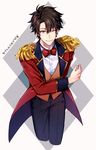  ;) black_hair blue_eyes bow bowing bowtie coattails cropped_legs epaulettes fate/grand_order fate_(series) fujimaru_ritsuka_(male) jacket male_focus one_eye_closed red_jacket red_neckwear smile solo waistcoat 