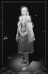  absurdres black_background bloodborne bonnet boots cape capelet closed_eyes closed_mouth commentary cravat dress flower full_body gloves highres justin_leyva_(steamy_tomato) long_hair long_sleeves monochrome plain_doll red_flower red_rose rose signature solo_focus spot_color standing 