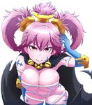  bandages bent_over blue_gloves blue_legwear bolt breasts cape elbow_gloves gloves hair_ornament heka=ton jewelry large_breasts lord_of_vermilion lord_of_vermilion_iii naked_bandage navel necklace persephone_(lord_of_vermilion) pink_hair pink_skin red_eyes sharp_teeth skindentation smile solo tattoo teeth thighhighs twintails white_background 