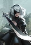  2017 black_blindfold black_dress black_gloves black_hairband blindfold breasts cleavage cleavage_cutout covered_eyes dress feather-trimmed_sleeves gloves hair_ornament hairband holding holding_sword holding_weapon long_sleeves medium_breasts mole mole_under_mouth nier_(series) nier_automata outdoors pink_lips ruins short_dress short_hair signature silver_hair standing sword tree turtleneck weapon yi_(cs574878843) yorha_no._2_type_b 