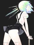  androgynous arched_back ass black_background black_shorts closed_mouth commentary_request cowboy_shot diamond_(houseki_no_kuni) elbow_gloves from_behind from_side gem_uniform_(houseki_no_kuni) gloves green_hair highres houseki_no_kuni kei_(soundcross) looking_at_viewer looking_back multicolored_hair shirt short_hair short_sleeves shorts silver_hair simple_background smile solo suspender_shorts suspenders thighhighs thighs white_gloves white_shirt 