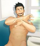  1boy black_hair facial_hair itto_(mentaiko) looking_at_viewer muscle nude solo sweat undressing 