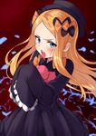  abigail_williams_(fate/grand_order) bad_id bad_pixiv_id bangs black_bow black_dress black_hat blonde_hair blue_eyes blush bow bug butterfly commentary dress fate/grand_order fate_(series) frilled_sleeves frills hair_bow hat highres insect long_hair long_sleeves looking_at_viewer open_mouth orange_bow parted_bangs red_background sleeves_past_fingers sleeves_past_wrists solo stuffed_animal stuffed_toy teddy_bear tsukiman v-shaped_eyebrows very_long_hair 