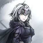 ahoge armor bangs banner black_cape black_dress breasts cape dress eyebrows eyebrows_visible_through_hair fate/grand_order fate_(series) fur_collar headpiece highres jeanne_d'arc_(alter)_(fate) jeanne_d'arc_(fate)_(all) looking_at_viewer nose open_mouth short_hair sketch small_breasts smile solo teeth toyo-1040-maruthi upper_body white_hair white_skin yellow_eyes 