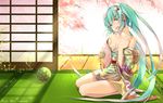  :d absurdres aqua_eyes aqua_hair ball cherry_blossoms fan folding_fan hair_ornament hate_ani_hikae hatsune_miku highres japanese_clothes kanzashi kimono long_hair nail_polish open_mouth petals seiza sitting smile solo tatami temari_ball tsumami_kanzashi twintails very_long_hair vocaloid 