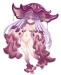  1girl bangs barefoot blunt_bangs blush bodysuit breasts cameltoe chestnut_mouth collar expressionless eyebrows_visible_through_hair full_body hime_cut impossible_bodysuit impossible_clothes jitome kenkou_cross lavender_hair long_hair medium_breasts monster_girl monster_girl_encyclopedia mushroom mushroom_girl mushroom_hat myconid_(monster_girl_encyclopedia) navel open_mouth pink_eyes see-through sleeves_past_fingers sleeves_past_wrists small_breasts solo very_long_hair very_long_sleeves wide_sleeves 