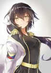  azur_lane belt black_hair blush breasts closed_mouth commentary epaulettes hair_between_eyes horns long_hair long_sleeves looking_at_viewer medium_breasts mikasa_(azur_lane) military military_uniform pnt_(ddnu4555) smile solo uniform upper_body 