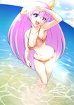  :d bikini blue_eyes breasts collarbone date_naoto day full_body hanasaki_momoko head_tilt highres long_hair looking_at_viewer medium_breasts navel ocean open_mouth outdoors pink_hair red_bikini refraction ribbon sky smile solo swimsuit very_long_hair wading water wedding_peach yellow_ribbon 