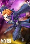  bad_id bad_tumblr_id blue_eyes bodysuit breasts character_name coattails constricted_pupils facepaint heterochromia highres lips medium_breasts moira_(overwatch) orange_hair outstretched_arms overwatch red_eyes running short_hair solo wallace_pires wide_sleeves 