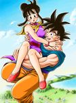  1girl :o bangs bare_legs black_eyes black_hair blue_shirt blush bracelet carrying chi-chi_(dragon_ball) chinese_clothes cloud couple day dragon_ball dragon_ball_z earrings flying hetero jewelry looking_at_another masa_(p-piyo) open_mouth shirt short_hair sky smile son_gokuu spiked_hair tied_hair 