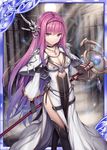  akkijin aura black_gloves boots breasts card_(medium) gloves hair_ornament high_heel_boots high_heels holding holding_weapon indoors jewelry long_hair medium_breasts necklace official_art pink_hair priestess red_eyes shinkai_no_valkyrie solo staff sunlight temple weapon 