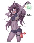  :d animal_ears armpits arms_up ass_visible_through_thighs beruko_(rladustns50) bike_shorts black_gloves blush bottle breasts cat_ears contrapposto cowboy_shot crop_top cropped_legs extra_ears eyebrows_visible_through_hair foreshortening gloves hand_in_hair highres long_hair looking_at_viewer nail_polish navel open_mouth original outstretched_arm pointy_ears purple_hair purple_nails purple_skin red_eyes simple_background sleeveless small_breasts smile solo standing stomach teeth thigh_pouch thigh_strap tsurime very_long_hair white_background 