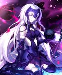  absurdly_long_hair ahoge argyle_cutout armor armored_boots armored_dress black_footwear black_gloves blue_dress blue_legwear boots breasts chain cleavage dark_excalibur dress elbow_gloves fate/grand_order fate_(series) floating_hair fur_trim gloves highres holding_skull jeanne_d'arc_(alter)_(fate) jeanne_d'arc_(fate)_(all) kneeling long_hair looking_at_viewer medium_breasts parted_lips petals silver_eyes silver_hair sleeveless sleeveless_dress smile solo sword thighhighs very_long_hair weapon xiaohou 