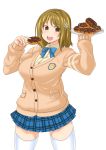  1girl belly bow breasts brown_hair cardigan curvy doughnut eating food hair_ornament hairclip idolmaster idolmaster_cinderella_girls large_breasts mimura_kanako musasinodaichi plump short_hair skirt solo thighhighs 