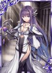  akkijin black_gloves blue_eyes boots breasts card_(medium) gloves hair_ornament high_heel_boots high_heels holding holding_weapon indoors jewelry long_hair medium_breasts necklace official_art priestess purple_hair shinkai_no_valkyrie solo staff sunlight temple weapon 