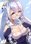  artist_name azur_lane bangs bare_shoulders black_gloves blue-framed_eyewear blue_dress blue_eyes blue_neckwear blush bow braid breasts cleavage detached_collar dress edinburgh_(azur_lane) elbow_gloves eyebrows_visible_through_hair frilled_dress frills glasses gloves go-it hair_bow hands_up large_breasts long_hair looking_at_viewer mouth_hold neckerchief nipples round_eyewear round_teeth see-through shiny shiny_hair shiny_skin signature solo sparkle strapless strapless_dress tareme teeth twin_braids upper_body very_long_hair water_drop watermark web_address wet wet_clothes wet_dress white_bow 