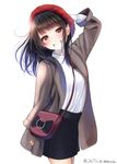  arm_up bag bangs black_hair blush brown_eyes commentary_request cowboy_shot dated hat kentaurosu long_hair long_sleeves matsuno_chiya original satchel simple_background smile solo white_background 