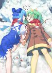  absurdres bare_legs barefoot blue_bow blue_dress blue_eyes blue_hair bow brown_coat carrot cirno closed_mouth coat commentary_request daiyousei dress eye_contact fairy_wings green_eyes green_hair green_skirt hair_bow highres ice ice_wings long_hair looking_at_another lying miniskirt multiple_girls on_back on_ground pantyhose pebble pleated_skirt puffy_short_sleeves puffy_sleeves red_scarf scarf short_sleeves side_ponytail skirt smile snow snowman touhou wings winter winter_clothes winter_coat yal_(lily910218) yellow_legwear yuri 