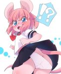  1girl animal_ears ass blue_eyes blue_skirt blush butt_crack commentary embarrassed from_behind furry highres looking_back mouse_ears mouse_girl mouse_tail open_mouth original panties panty_pull pink_hair school_uniform serafuku shirt short_hair skirt solo surprised tail tears underwear white_panties white_shirt wind wind_lift yuuki_(yuyuki000) 