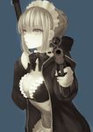  artoria_pendragon_(all) artoria_pendragon_(swimsuit_rider_alter) black_bow black_bra black_jacket black_neckwear blue_background bow bowtie bra breasts choker cleavage eyebrows_visible_through_hair fate/grand_order fate_(series) firing_at_viewer frilled_bra frills gun hair_between_eyes highres holding holding_gun holding_weapon inoue_mamori jacket looking_at_viewer maid_headdress medium_breasts midriff navel open_clothes open_jacket sidelocks silver_eyes silver_hair simple_background solo standing stomach underwear unzipped upper_body weapon white_skin 