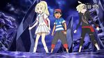  1girl 2boys animated animated_gif arms_around_waist backpack black_hair blonde_hair brown_eyes gladio_(pokemon) lillie_(pokemon) multiple_boys pokemon pokemon_(anime) pokemon_sm_(anime) ponytail satoshi_(pokemon) skirt 