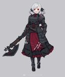  blood blood_on_face crazy_eyes darkest_dungeon full_body girls_frontline grey_background grey_hair gun highres looking_at_viewer namesake open_mouth plate_armor red_eyes shotgun solo spas-12 spas-12_(girls_frontline) terras twintails weapon 