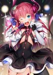  ;d aozora_nan armpits backlighting bangs black_dress blue_eyes blurry blurry_background curled_horns detached_sleeves dress elizabeth_bathory_(fate) elizabeth_bathory_(fate)_(all) eyebrows_visible_through_hair fate/extra fate/extra_ccc fate_(series) flat_chest glint hand_on_own_cheek hand_up head_tilt heart highres holding holding_microphone long_hair long_sleeves looking_at_viewer microphone one_eye_closed open_mouth pink_hair pinky_out pointy_ears round_teeth sleeves_past_wrists smile solo tail teeth thigh_gap thighs very_long_hair wrist_cuffs 