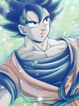  black_eyes black_hair bubble dougi dragon_ball dragon_ball_z floating_hair frown looking_away male_focus masa_(p-piyo) open_mouth serious short_hair solo son_gokuu spiked_hair sunlight underwater 