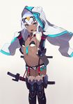  :d animal_hood armor armored_boots bangs bikini_armor bikini_top blue_eyes boots breasts capelet cloak cowboy_shot dark_skin fangs fur_trim gloves gradient gradient_background hair_between_eyes hair_ornament hajime_(hajime-ill-1st) highres hood hood_up hooded_cloak knees_together long_hair looking_at_viewer microskirt navel open_mouth original scabbard sheath sheathed sidelocks silver_hair simple_background skirt small_breasts smile solo sword thighhighs tsurime vambraces weapon white_background 