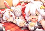  &gt;_&lt; animal_ears azur_lane blush bunny_ears closed_eyes commentary_request fake_animal_ears food hairband haribote kotatsu laffey_(azur_lane) long_hair looking_at_viewer lying multiple_girls on_stomach open_mouth pudding red_eyes table twintails under_kotatsu under_table universal_bullin_(azur_lane) white_hair 