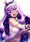  1girl animal_ears bangs bare_arms breasts commentary_request dark_skin earrings facial_mark fate/grand_order fate_(series) hairband highres holding hoop_earrings jackal_ears jewelry large_breasts long_hair looking_at_viewer navel nitocris_(fate/grand_order) open_mouth purple_eyes purple_hair sidelocks simple_background solo tranquillianusmajor upper_body upper_teeth very_long_hair white_background 