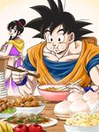  1girl apple apron banana black_eyes black_hair blush chi-chi_(dragon_ball) chinese_clothes chopsticks commentary_request couple dougi dragon_ball dragon_ball_z dumpling eating food fruit happy hetero looking_at_another looking_back masa_(p-piyo) onigiri open_mouth rice short_hair simple_background smile son_gokuu spiked_hair spoon tied_hair white_background wristband 