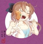  akigumo_(kantai_collection) black_ribbon blouse blush brown_hair chaki_(teasets) character_name closed_eyes collarbone food hair_ribbon in_the_face inarizushi kantai_collection long_hair open_mouth ponytail ribbon solo sushi white_blouse 