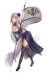 absurdly_long_hair ahoge banner black_dress black_gloves black_legwear breasts choker cleavage dress elbow_gloves eyebrows_visible_through_hair fate/grand_order fate_(series) flower full_body gloves grin hair_between_eyes hair_flower hair_ornament highres holding holding_weapon jeanne_d'arc_(alter)_(fate) jeanne_d'arc_(fate)_(all) large_breasts leaning_forward long_hair purple_flower shiny shiny_skin silver_hair simple_background sleeveless sleeveless_dress smile solo standing strapless strapless_dress thighhighs very_long_hair weapon white_background yahiro_(666131415) yellow_eyes 