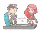  1girl abekawamochi106 black_hair blush bodysuit brown_hair chibi controller crotchless_pants fingerless_gloves gloves hair_ornament handheld_game_console homura_(xenoblade_2) joy-con nintendo_switch open_mouth red_eyes red_hair rex_(xenoblade_2) short_hair simple_background smile white_background xenoblade_(series) xenoblade_2 