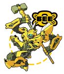  armor autobot blue_eyes borezet bumblebee commentary_request full_body hammer holding holding_weapon looking_away looking_to_the_side no_humans simple_background transformers weapon white_background 