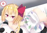  absurdres ahoge annoyed ass bare_shoulders blonde_hair blush bottomless bow breasts closed_mouth eyebrows_visible_through_hair flandre_scarlet hair_between_eyes highres jpeg_artifacts looking_at_viewer no_bra open_clothes open_shirt red_eyes shirt side_ponytail small_breasts solo stuffed_animal stuffed_panda stuffed_toy te_toga tears touhou white_shirt 