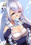  artist_name azur_lane bangs bare_shoulders black_gloves blue-framed_eyewear blue_dress blue_eyes blue_neckwear blush bow braid breasts cleavage detached_collar dress edinburgh_(azur_lane) elbow_gloves eyebrows_visible_through_hair frilled_dress frills glasses gloves go-it hair_bow hands_up large_breasts long_hair looking_at_viewer mouth_hold neckerchief round_eyewear round_teeth shiny shiny_hair shiny_skin signature solo strapless strapless_dress tareme teeth twin_braids upper_body very_long_hair watermark web_address white_bow 