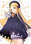  abigail_williams_(fate/grand_order) bangs black_bow black_dress blonde_hair bloomers blush bow bubble bug butterfly closed_mouth commentary cowboy_shot dhfz181 dress fate/grand_order fate_(series) heart highres insect long_hair long_sleeves looking_away orange_bow parted_bangs polka_dot polka_dot_bow purple_eyes short_dress sleeves_past_wrists solo sparkle star underwear very_long_hair white_background white_bloomers 