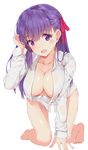  adjusting_hair all_fours bangs barefoot bow bow_panties breasts cleavage collarbone commentary_request downblouse dress_shirt fate/stay_night fate_(series) full_body hair_ribbon hand_up highres kneeling large_breasts long_hair long_sleeves looking_at_viewer matou_sakura minikon nipple_slip nipples no_pants open_mouth panties pink_panties pink_ribbon purple_eyes purple_hair ribbon shirt simple_background smile solo underwear white_background white_shirt 