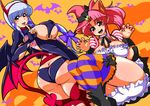  2girls alternate_costume animal_ears ass bat_print blush breasts bridal_gauntlets brown_eyes butt_crack cat_ears cat_tail clair_lasbard demon_girl demon_horns demon_wings embarrassed fang from_behind halloween halloween_costume hat highres huge_ass large_breasts long_hair looking_at_viewer looking_back multiple_girls open_mouth perisie_(star_ocean) pink_hair ponytail red_eyes ryoi shiny shiny_clothes shiny_hair shiny_skin short_shorts sideboob silver_hair smile star_ocean star_ocean_anamnesis star_ocean_first_departure star_ocean_till_the_end_of_time striped striped_thighhighs tail tattoo thighhighs wings witch_hat 