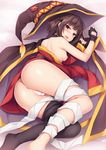  akizora_momiji anus ass bandaged_leg bandages bare_shoulders barefoot black_gloves black_hair black_legwear blush breasts cape censored choker commentary_request fingerless_gloves gloves hat heart heart_censor highres kono_subarashii_sekai_ni_shukufuku_wo! looking_at_viewer lying megumin nipples on_side open_mouth red_eyes short_hair small_breasts solo sweat thighhighs thighhighs_pull witch_hat 