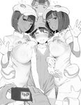  3girls :d aether_foundation_employee aether_foundation_uniform arm_hug blurry breast_press breasts closed_mouth commentary_request covered_navel dark_skin depth_of_field girl_sandwich gloves greyscale hat highres huge_breasts implied_erection large_breasts monochrome multiple_girls one_eye_closed open_mouth out_of_frame outstretched_hand pantyhose parted_lips pokemon pokemon_(game) pokemon_usum pov pov_hands sandwiched shinjiro shirt_tug short_hair simple_background smile tank_top thighhighs you_(pokemon) 