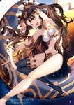  :d anklet arm_up armlet armpits bangs bare_legs barefoot between_fingers bikini black_bikini_bottom black_legwear blush breasts brown_hair cleavage collar copyright_name detached_sleeves earrings fate/grand_order fate_(series) gem gradient gradient_background hoop_earrings ishtar_(fate/grand_order) jewelry kouyafu long_hair long_legs long_sleeves medium_breasts midair mismatched_bikini nail_polish navel open_mouth outstretched_arm parted_bangs pink_nails red_eyes single_detached_sleeve single_thighhigh smile solo sparkle stirrup_legwear stomach swimsuit thighhighs tiara toeless_legwear very_long_hair white_bikini_top wrist_cuffs 